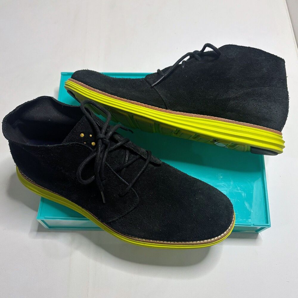 Cole Haan 9.5 Lunargrand Chukka Boots Black Suede Neon Yellow Sole Lunarlon